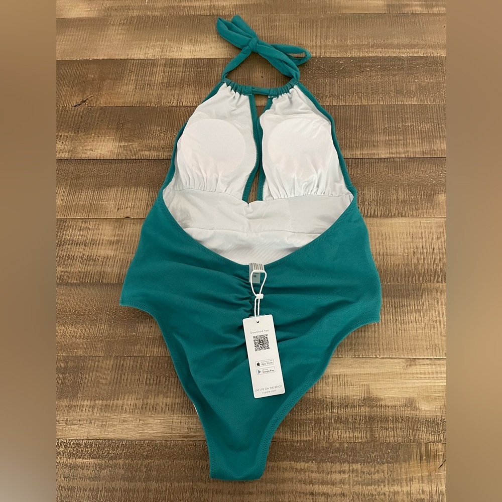 Cupshe green Blue Halter Backless Ruched One Piece Swimsuit Women’s NEW - Picture 2 of 7